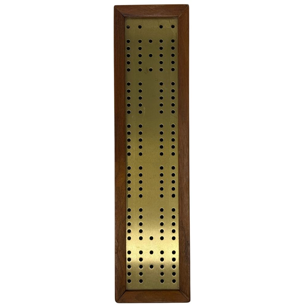 Vintage 60s Wood Metal Cribbage Game Board 15.5” Brass Peg Board MCM